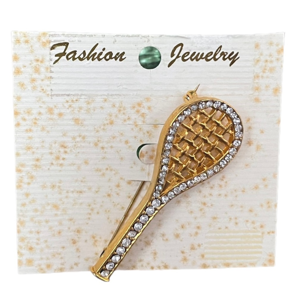 Tennis Lovers Pin Luxury Vintage Gold Brooch Crystal Rhinestones Coquette Sports